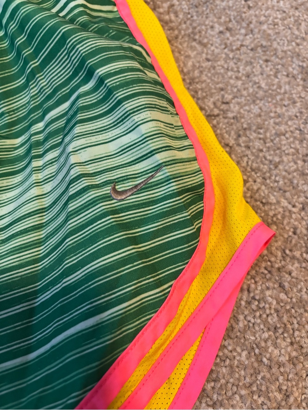 Nike Green Striped Running Shorts Pink Yellow Trim - Picture 3 of 4